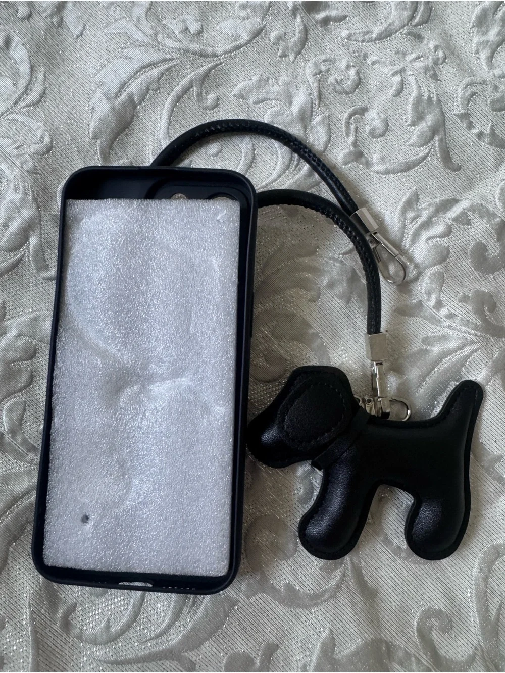 Black Puffed IPhone 15 Pro Max Case with Dog Charm & Wrist Strap